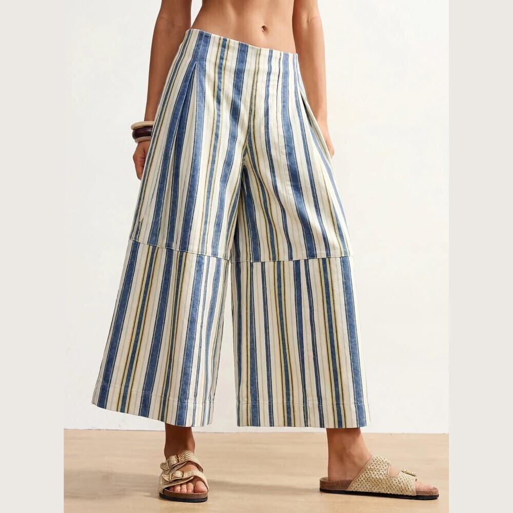 Blue Cream Striped Denim Wide Leg Culotte Cropped Pants
